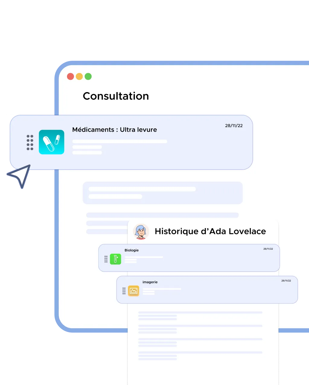 Interface présentant la prescription d'actes médicaux et de médicaments au patient Ada Lovelace
